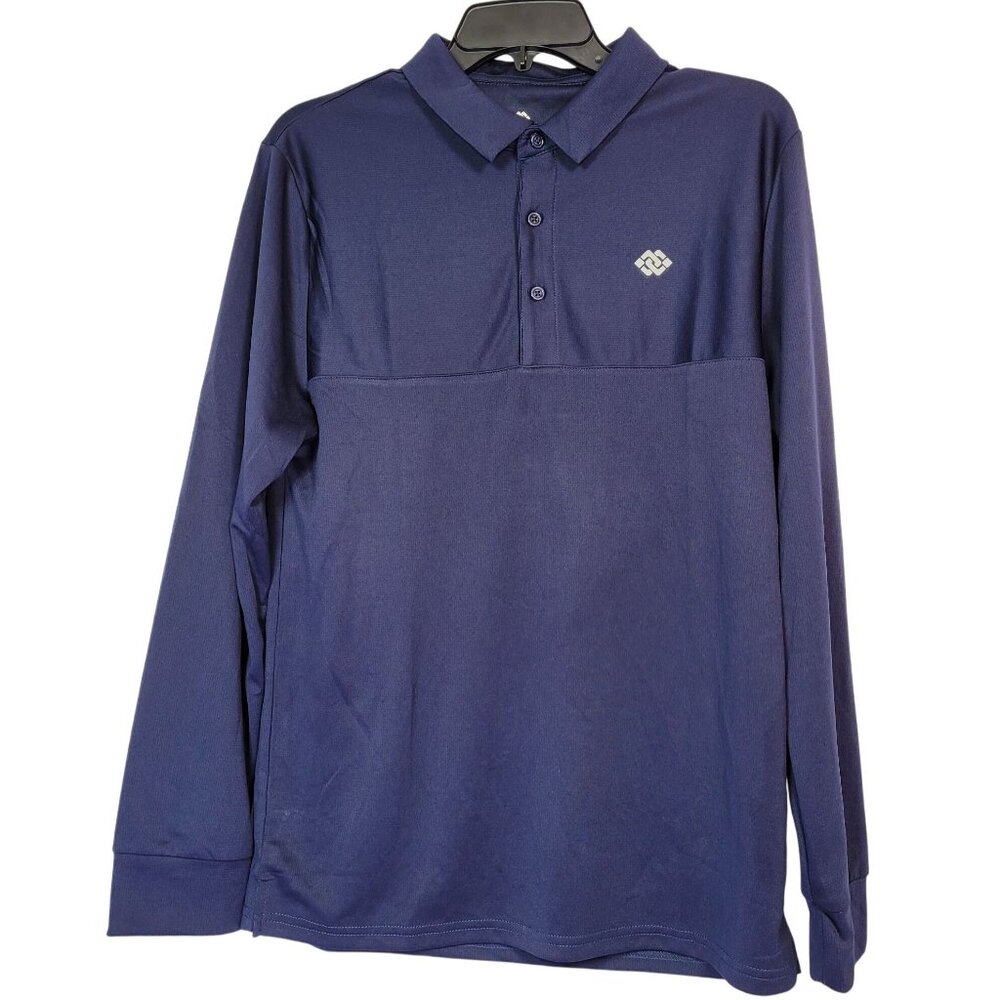 MoFiz Men Golf Shirt Long Sleeve Navy Polyester 3-Button Front Blue Size Medium